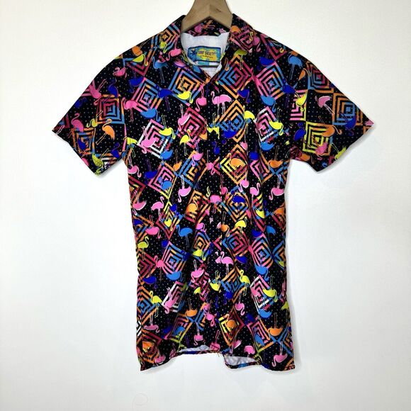 Retro Surf Society Swimwear Shirt Small 80’s Style Flamingo Neon Print, Vented - Picture 1 of 15